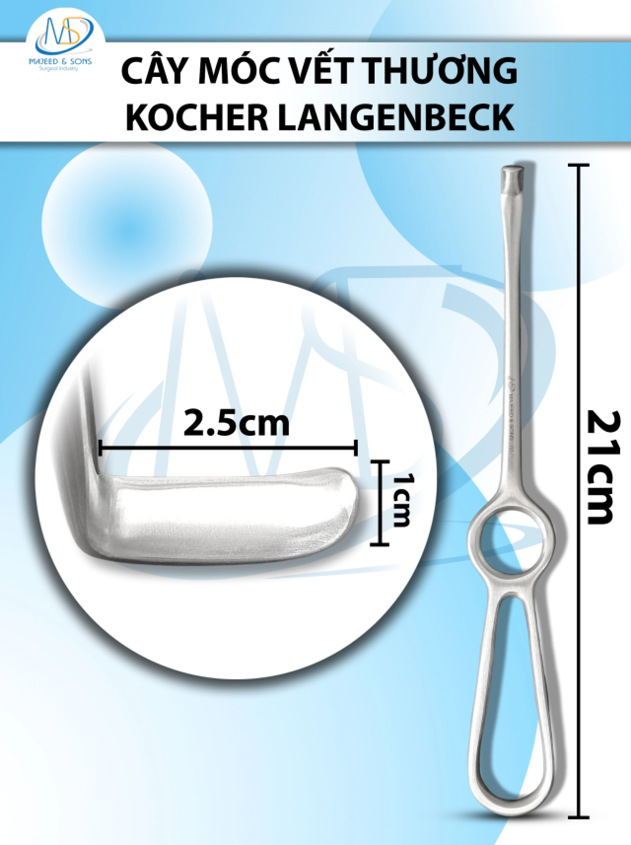 Cây móc vết thương Kocher Langenbeck 21.5cm D2.5cm R1cm