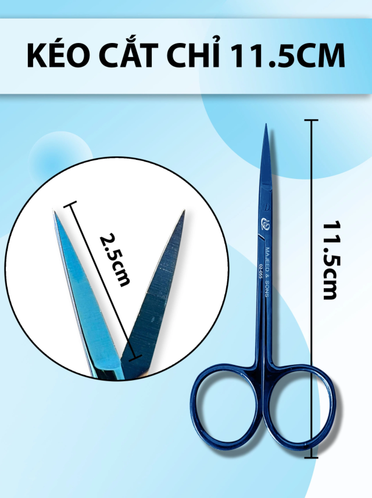 Kéo cắt chỉ 11,5cm, kéo y tế, kéo cắt mí mắt thân nhỏ lưỡi mỏng