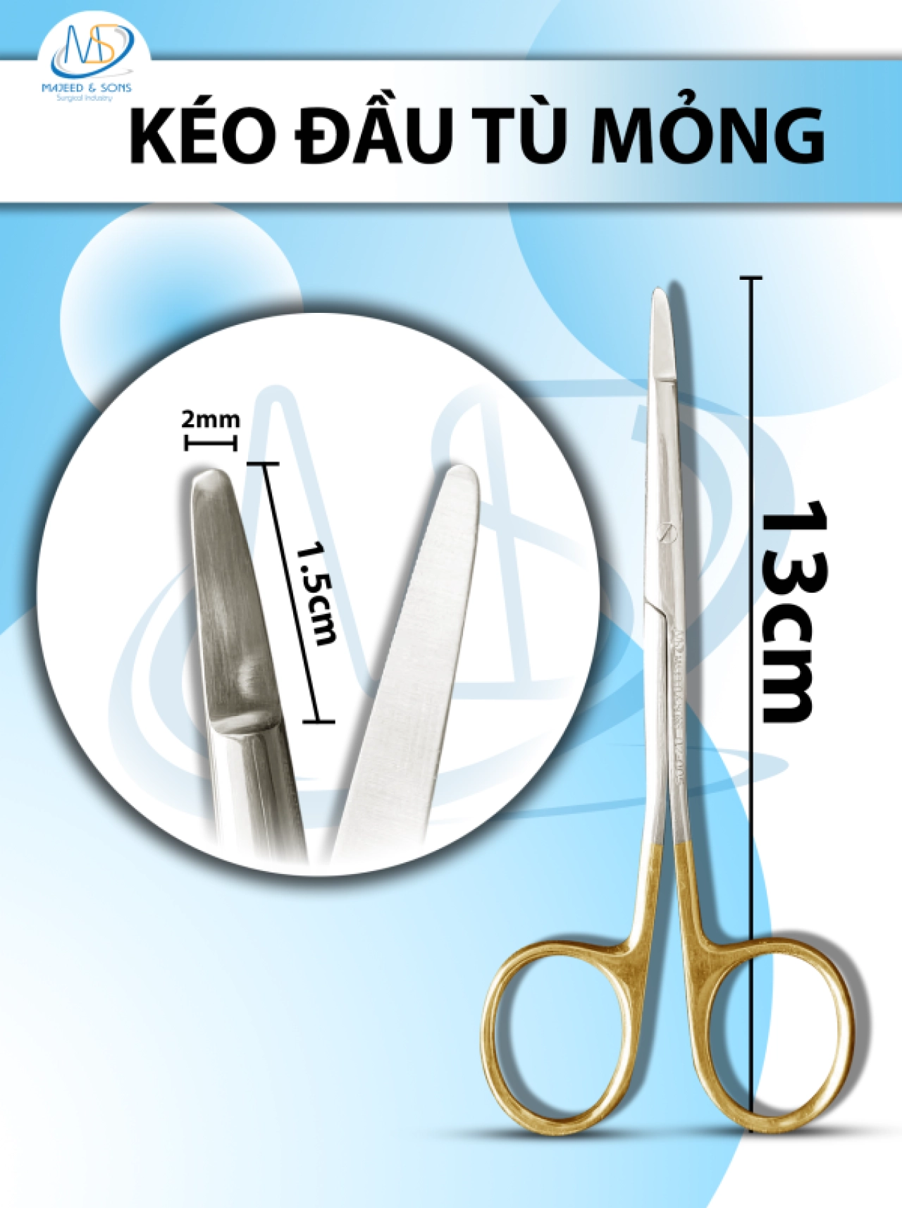 Kéo đầu tù mỏng 13cm Lưỡi kéo D1,5 R2mm vàng