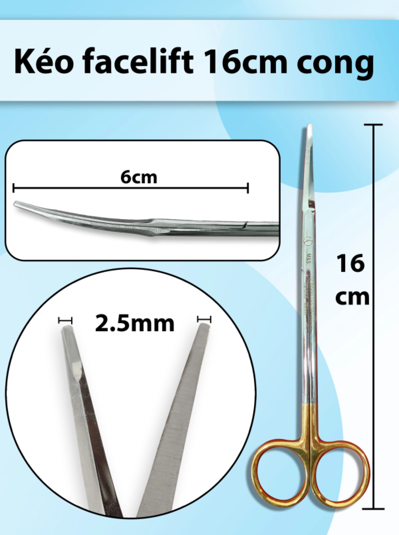Kéo facelift 16cm cong, kéo căng da mặt