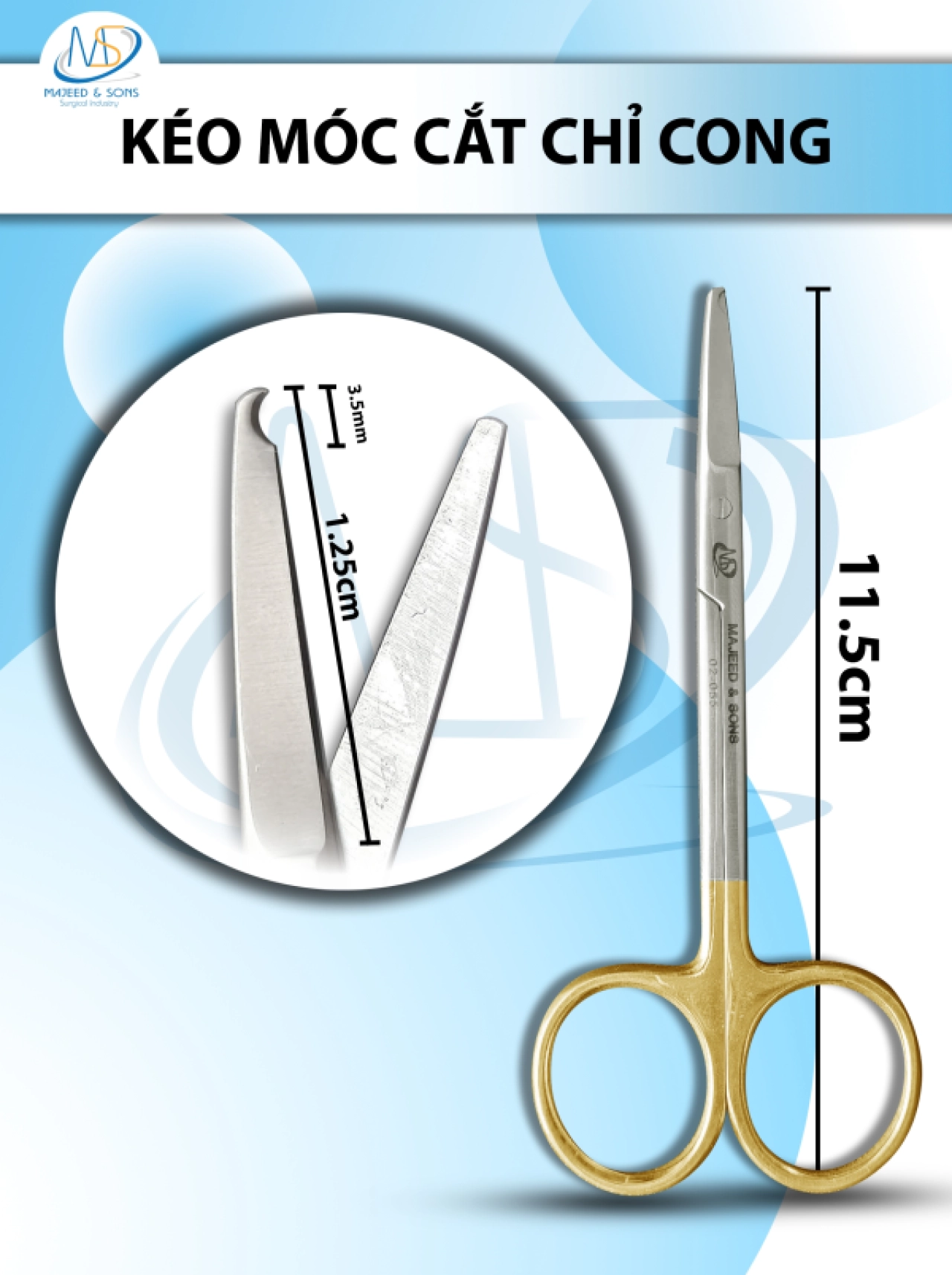 Kéo móc cắt chỉ 11.5cm D1.25cm cong 3.5mm
