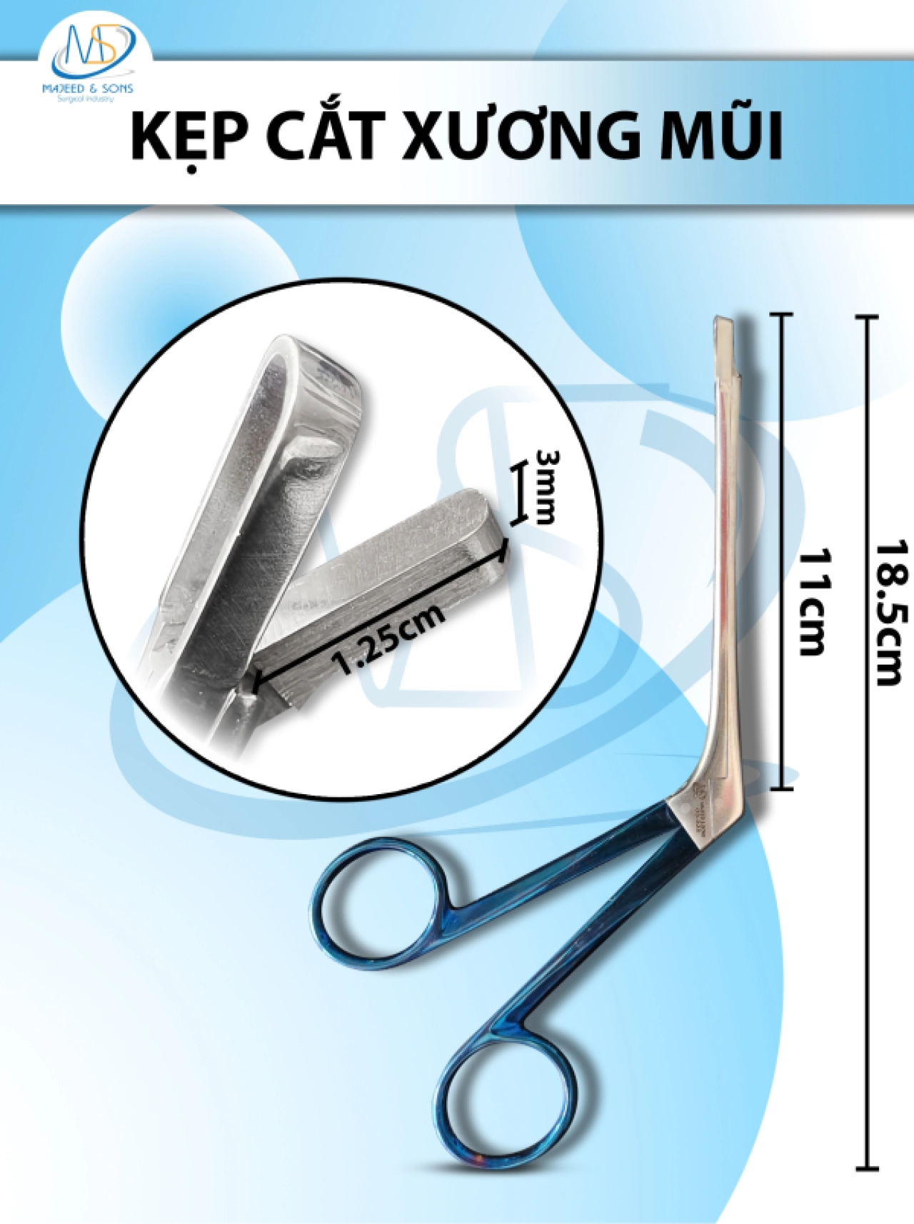 Kẹp cắt xương mũi, kẹp phẫu thuật xoang mũi Dài 19cm, thân kẹp 11cm, Hàm cắt 3.5mmx1,2cm