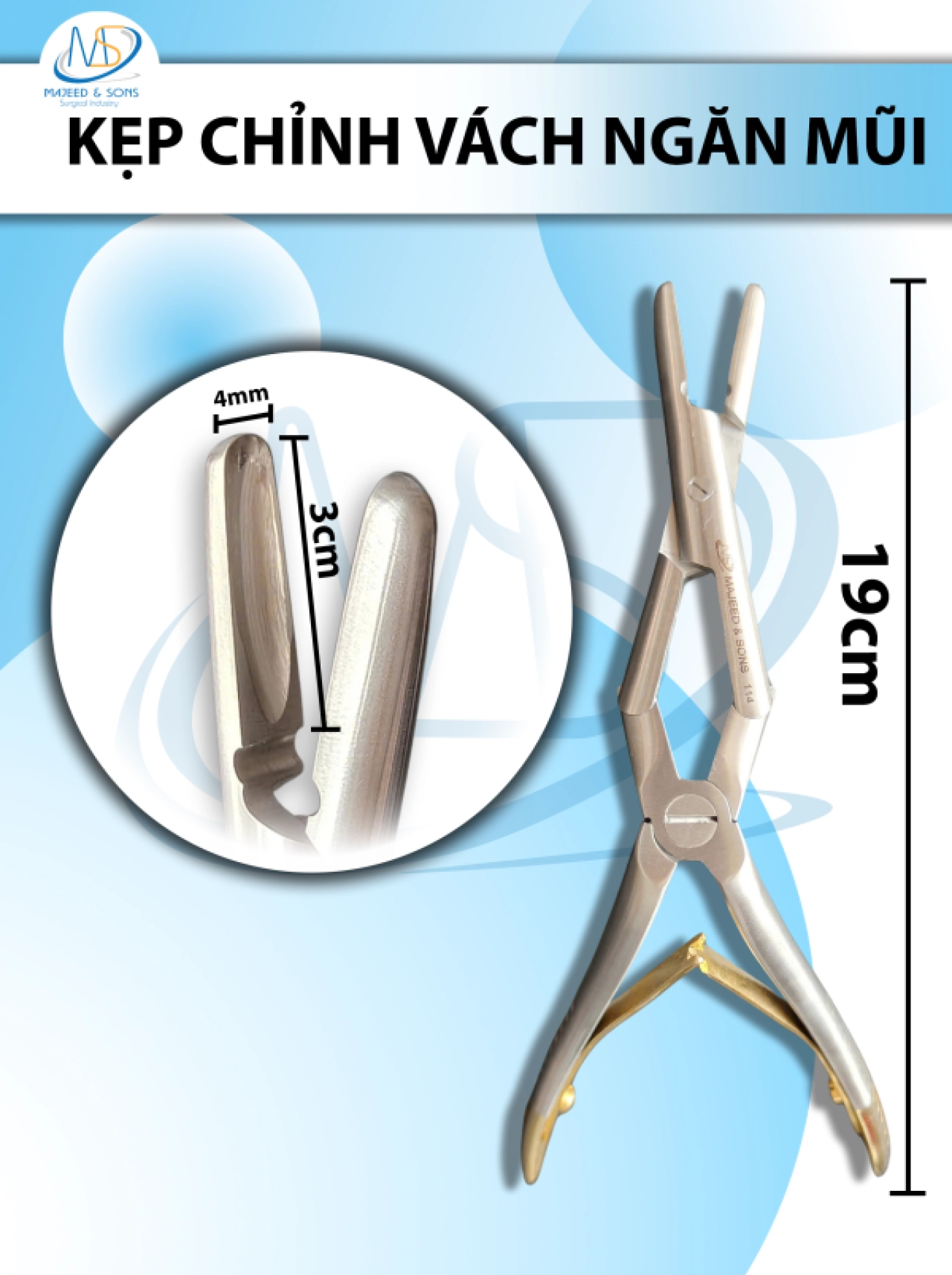 Kẹp chỉnh vách ngăn mũi dài 19cm công thái học, đầu kẹp d3cmxr4mm cong 5cm