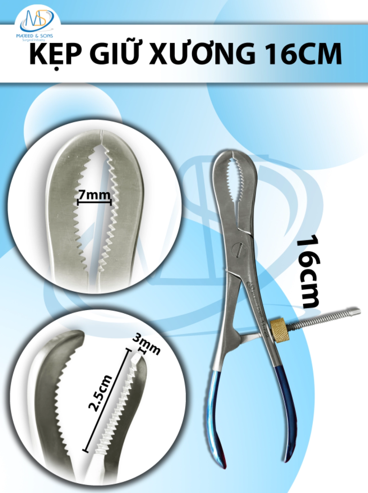 kẹp giữ xương càng cua 16cm chất lượng cao. Khe 7mm D2.5cm R3mm