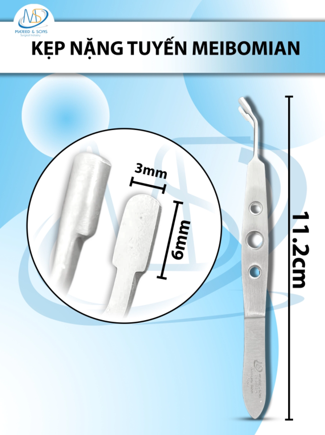 Kẹp nặn tuyến Meibomian 11.2cm, ĐẦU VUÔNG d6mm r3mm