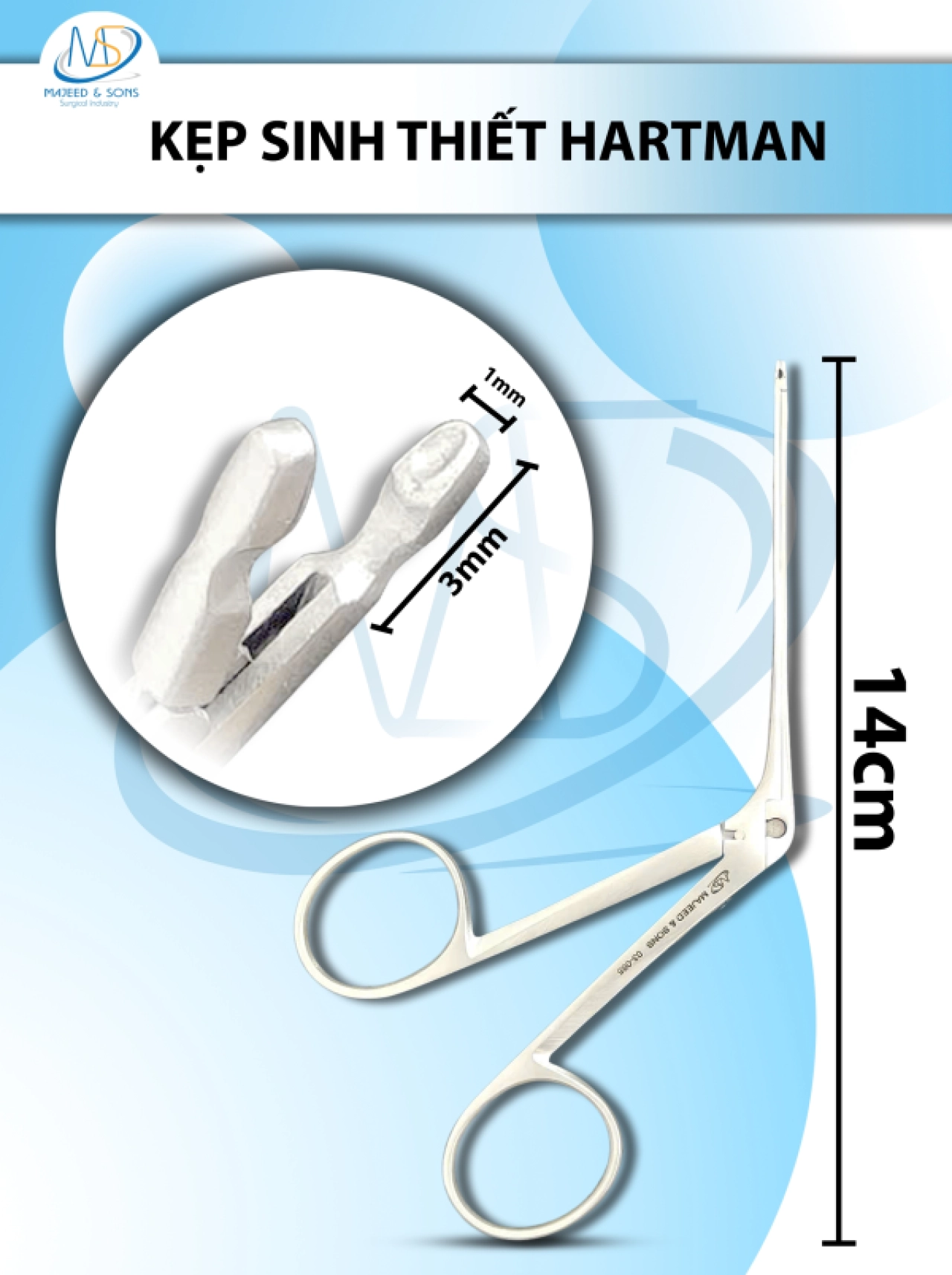 Kẹp sinh thiết Hartman Dài 14cm thẳng, đầu D3mm R1mm