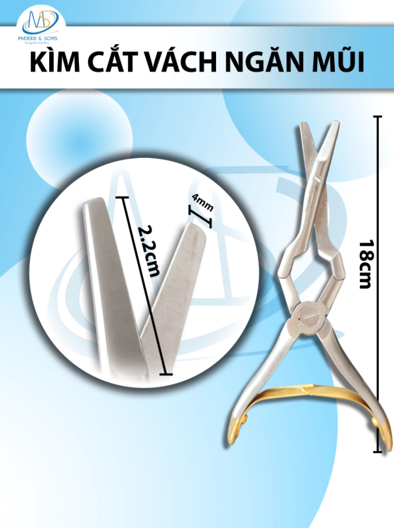 Kìm cắt vách ngăn mũi 18cm, đầu d2,2cmxr4mm cong 5cm
