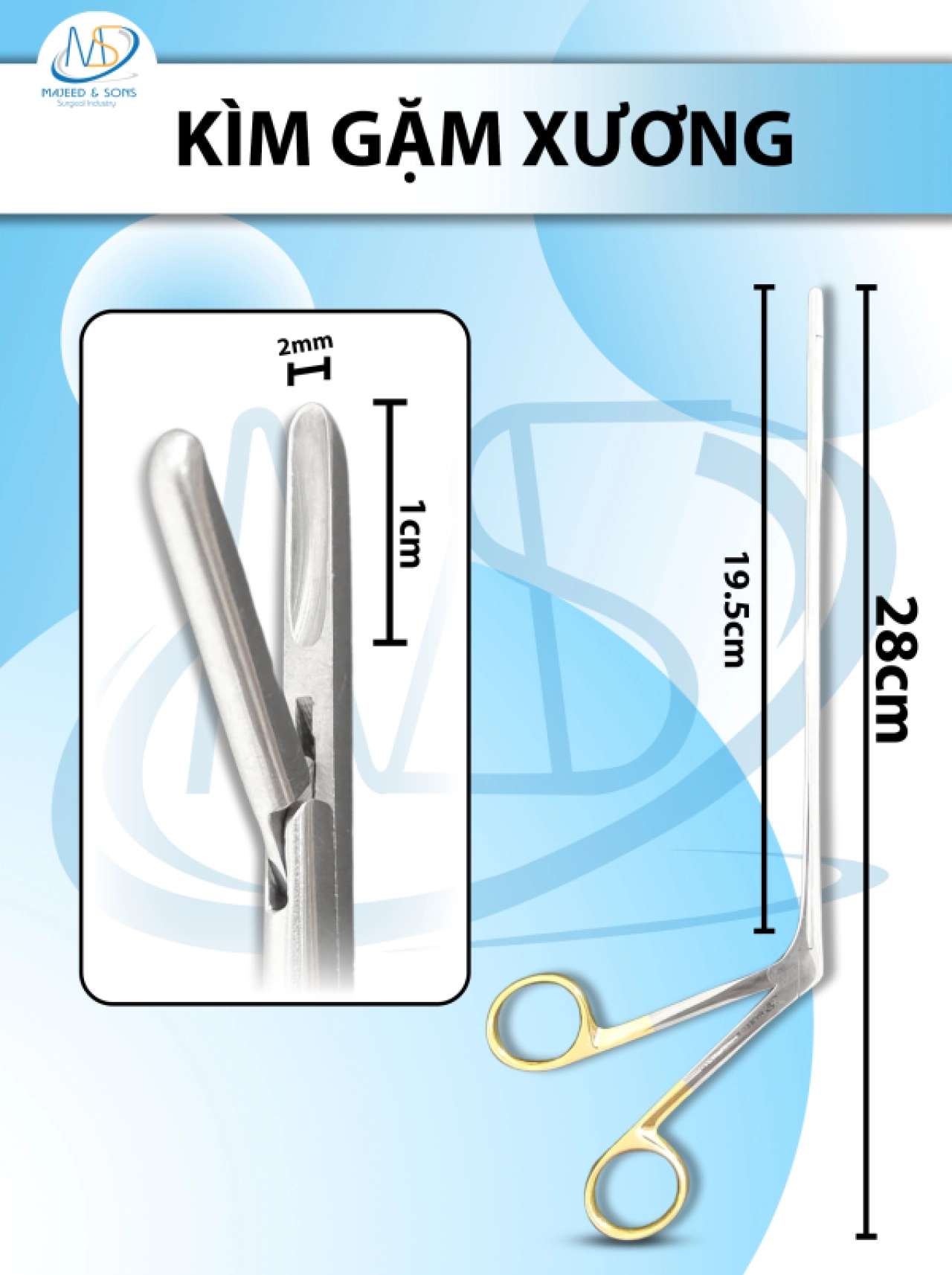 Kìm gặm xương, Kẹp chỉnh hình cột sống Dài 28cm,chiều dài làm việc 19.5cm, đầu gặm ngang D1cm R2mm