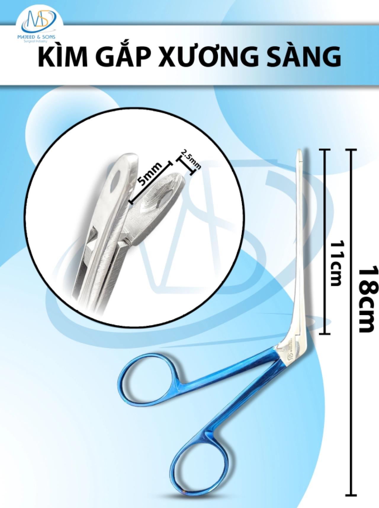 Kìm gắp xương sàng, kẹp phẫu thuật xương mũi weil- Blackesley Dài 19cm có thể tháo rời, chiều dài làm việc 11cm, đầu D5mm R2.5mm