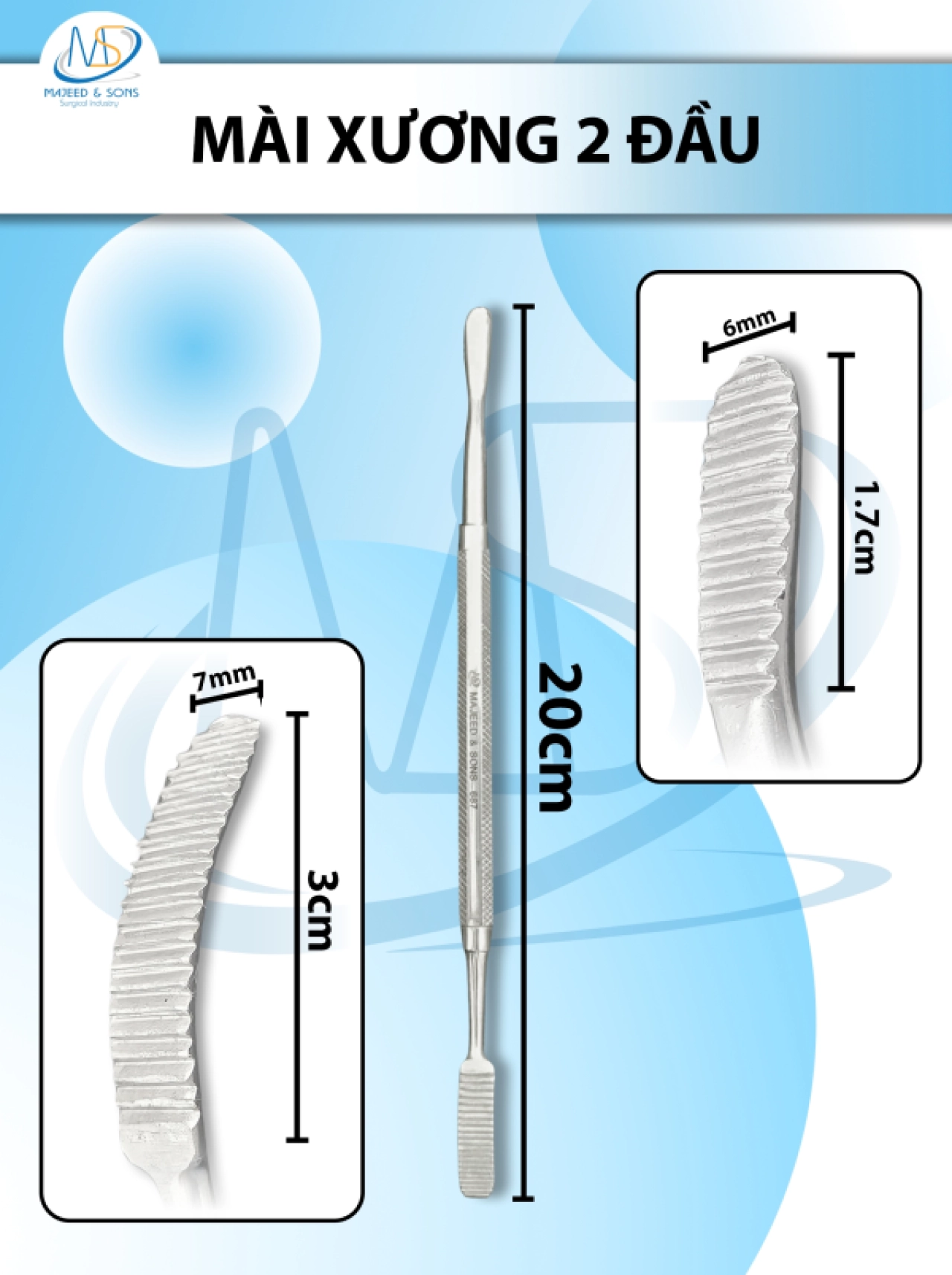 Mài xương 2 đầu 20cm, Đầu cong (D3cm R7mm)  đầu thẳng( D1.7cm R6mm)