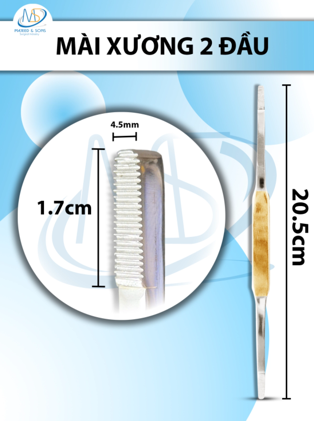 Mài xương 2 đầu Dài 20,5cm, đầu D1,7CM R4,5MM