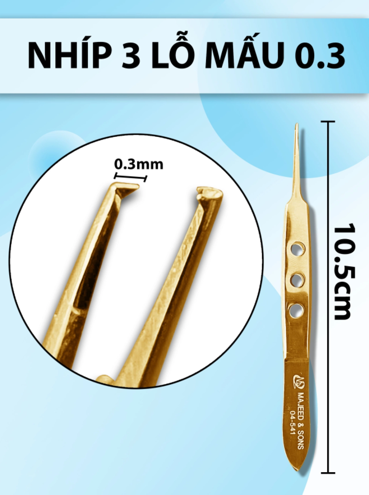 Nhíp 3 lỗ 10,5cm mấu 0.3 full vàng