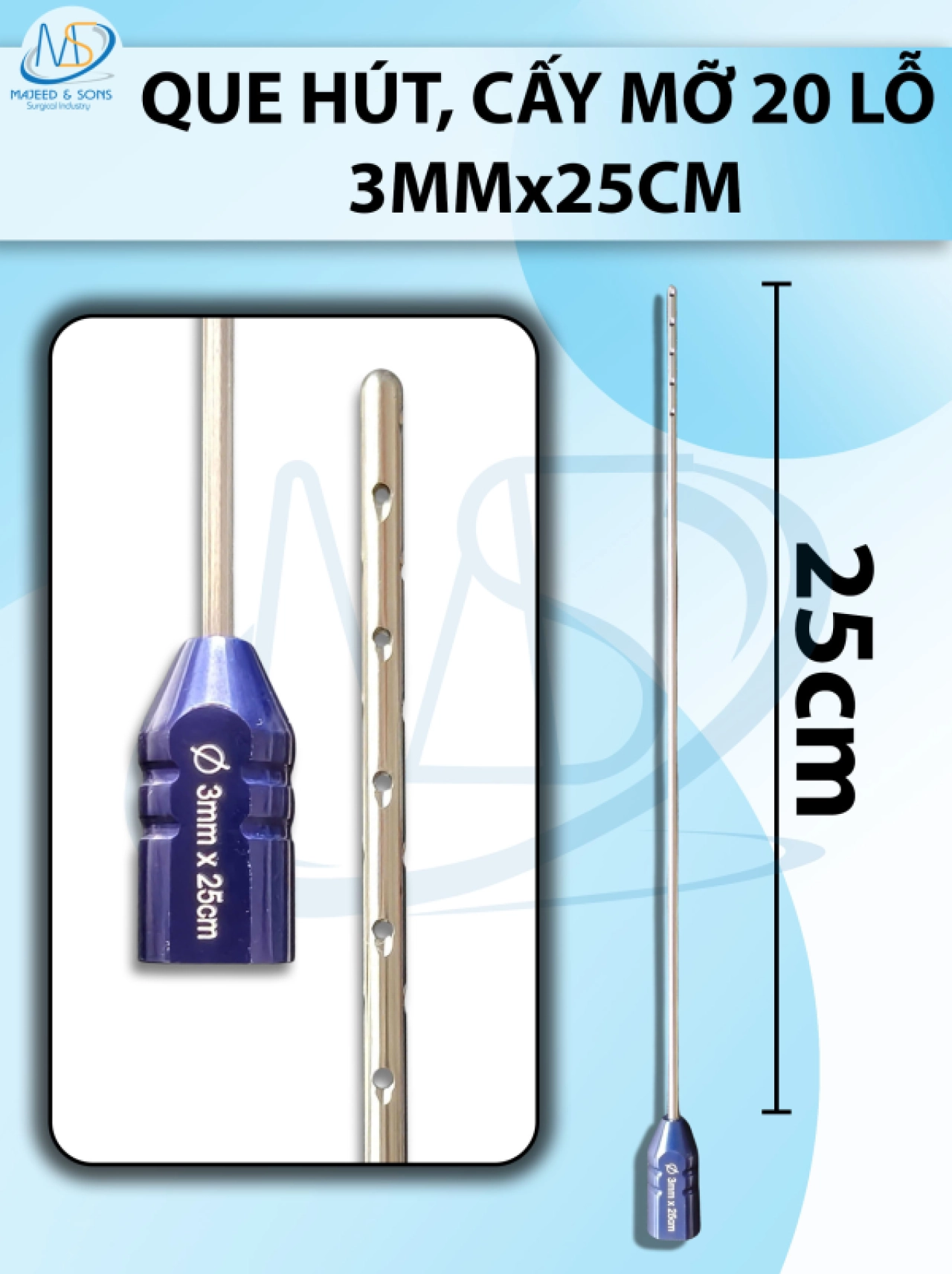 Que hút mỡ cấy 20 lỗ, que hút lỗ sắc bén cắt mỡ tốt 3mmx25cm, 20l 1x1mm