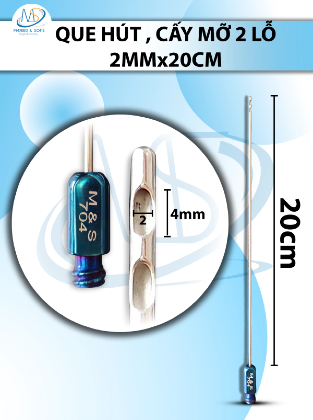 Que hút mỡ, kim hút mỡ  2 lỗ 2mmx20cm,  lỗ 2x4mm