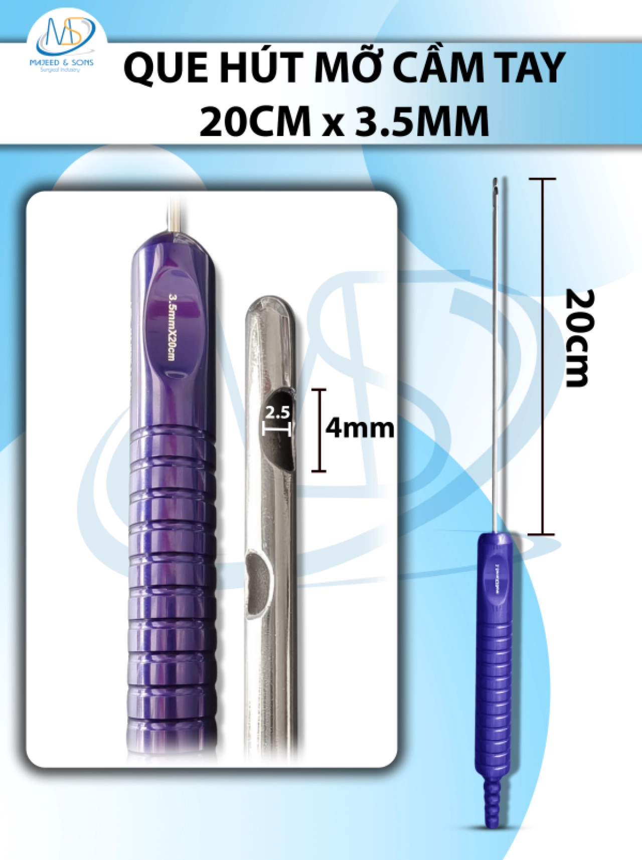 Que hút mỡ tay cầm 3,5mmx20cm, 3 lỗ tháp tròn, lỗ to d5mmxr3,5mm, 2 lỗ nhỏ d4mmxr2,5mm