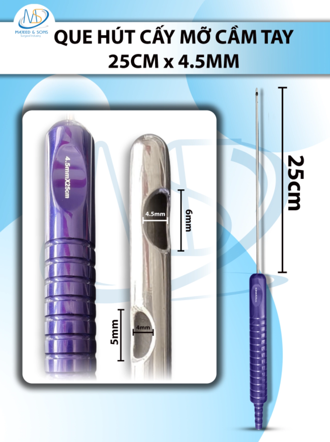 Que hút mỡ tay cầm 4,5mmx25cm, 3 lỗ tháp tròn, lỗ to d6mmxr4,5mm, 2 lỗ nhỏ d5mmxr4mm