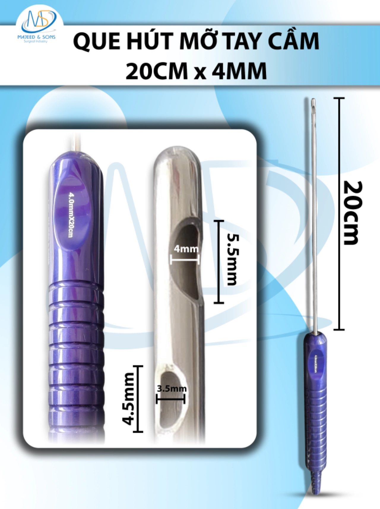 Que hút mỡ tay cầm 4mmx20cm, 3 lỗ tháp tròn, lỗ to d5,5mmxr4mm, 2 lỗ nhỏ d4,5mmxr3,5mm