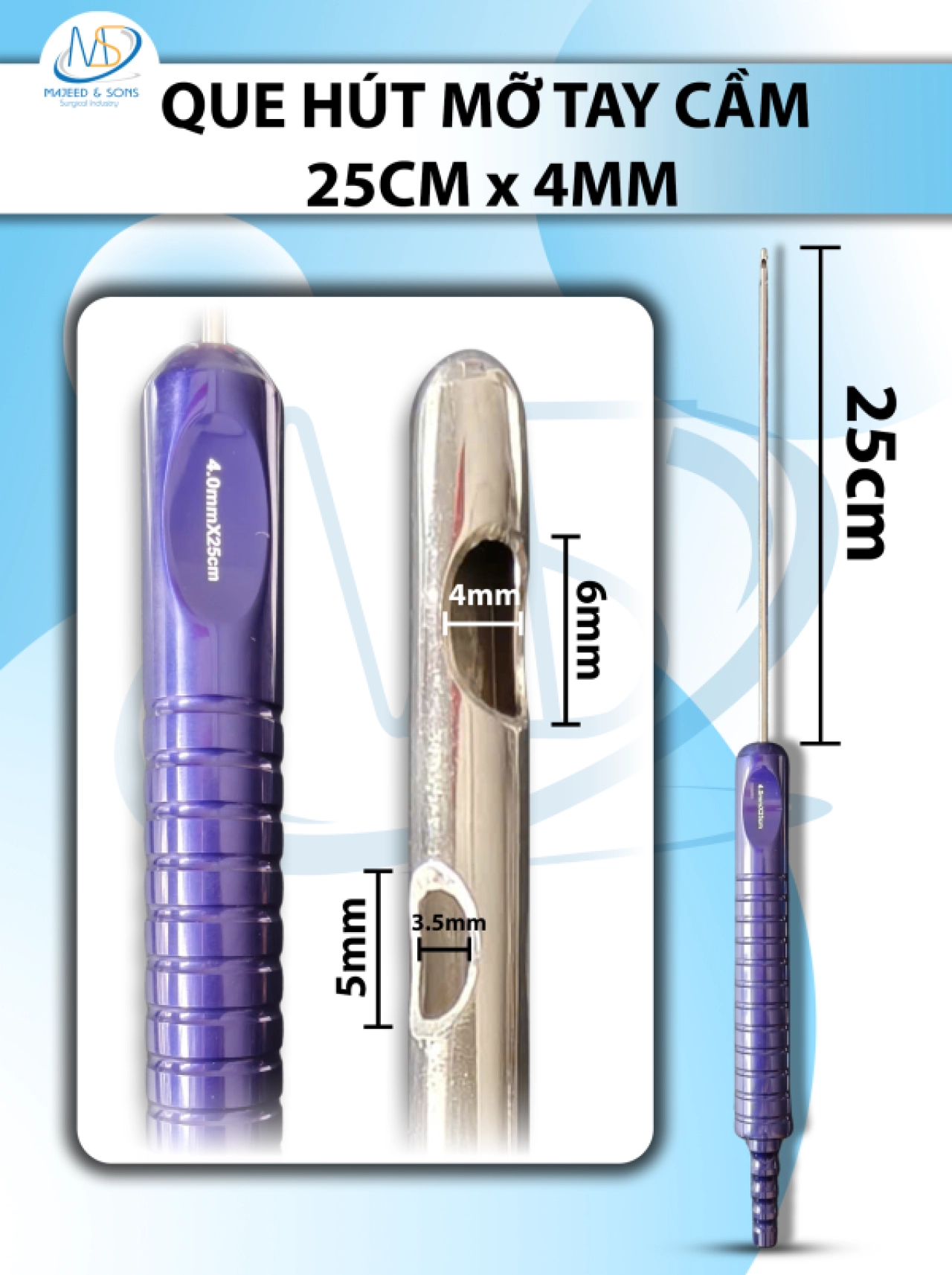 Que hút mỡ tay cầm 4mmx25cm, 3 lỗ tháp tròn, lỗ to d6mmxr4mm, 2 lỗ nhỏ d5,5mmxr3,5mm