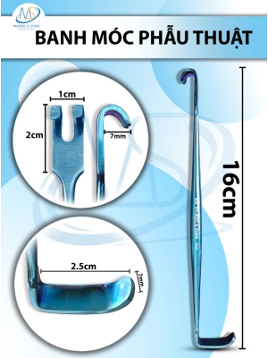 Banh móc phẫu thuật Dài 16cm, đầu móc 2x1cm, đầu kia 2,5x0.7cm