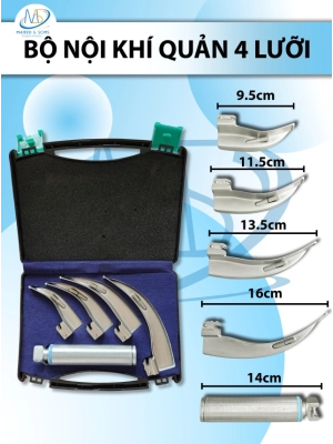 Bộ nội khí quản 4 lưỡi 9,5cm, 11,5cm, 13,5cm, 16cm tay cầm 14cm