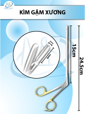 Kìm gặm xương, Kẹp chỉnh hình cột sống Dài 23.5cm,chiều dài làm việc 15cm, đầu gặm Dài 23.5cm D9mm R2mm