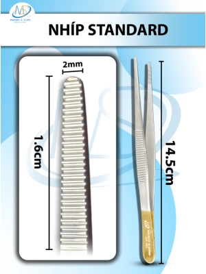 Nhíp Standard 14,5cm không mấu, nhíp phẫu tích đầu nhíp d1,6cmxr2mm