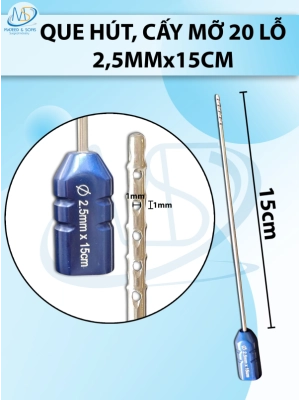 Que hút mỡ cấy 20 lỗ, lỗ sắc bén cắt mỡ tốt 2,5mmx15cm,  1x1mm