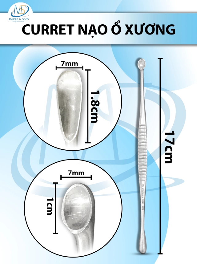 Curret nạo ổ xương Dài 17cm đầu dài (d1.8cm r7mm) đầu nhỏ (d1cm r7mm)