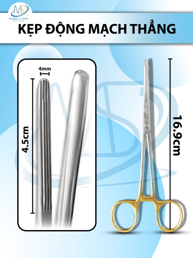 Kẹp động mạch 16.9cm thẳng, đầu D4.5cm R4mm