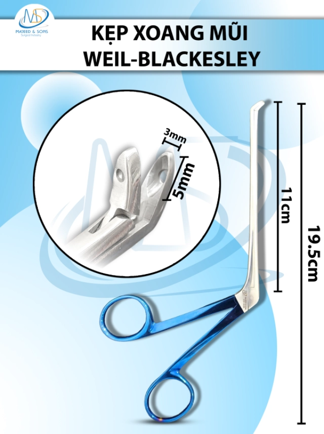 Kẹp xoang mũi, gặm xương mũi weil-Blackesley 19cm cong lê 45 độ, chiều dài làm việc 11cm, hàm kẹp 5x2mm