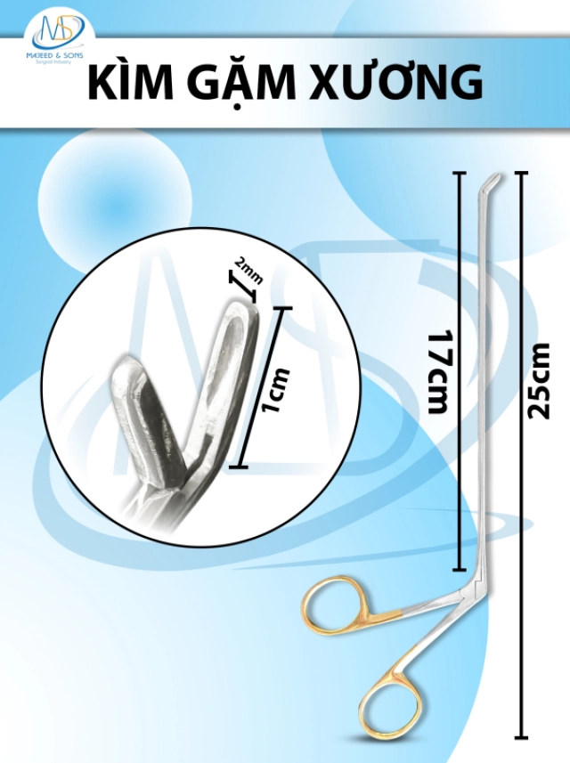 Kìm gặm xương, Kẹp chỉnh hình cột sống Dài 25cm,chiều dài làm việc 17cm, đầu gặm lên D1cm R2mm